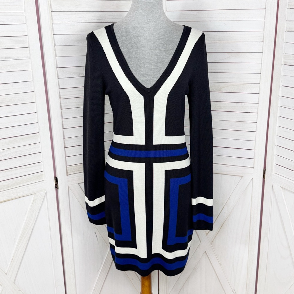 INC International Concepts Geometric Colorblock Knit Sheath Dress Black Blue Med